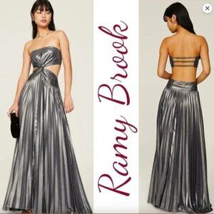 Ramy Brook Destiny Maxi Dress Cut Out Strapless Silver Chiffon Pleated